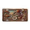 Sunrise Gnome license plate featuring copper-toned gnome holding a daisy with sunrise, river, trees, mushrooms, and flowers in rustic embossed-look style.