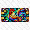 Rooster license plate featuring stained-glass style artwork in vivid rainbow colors with rustic embossed-look design on aluminum. Rooster license plate featuring stained-glass style artwork in vivid rainbow colors with rustic embossed-look design on aluminum.