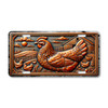 Chicken license plate featuring rustic embossed metal style hen with farm background in warm bronze tones on aluminum.