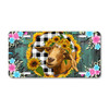 Goat license plate featuring rustic farmhouse design with sunflower wreath, buffalo plaid, and colorful florals on aluminum.