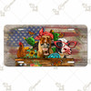 Farm animals license plate with cow, horse, and chicken in whimsical patriotic style against rustic USA flag backdrop on aluminum.