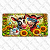 Farmyard Friends license plate featuring a cow, donkey, and chicken with sunflowers, butterflies, and rustic farmhouse artwork printed on aluminum