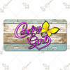 Rustic Butterfly Country Girl license plate featuring yellow butterfly and hot pink script lettering over distressed teal and wood plank background.