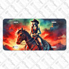 Cowgirl on horse license plate featuring western cowgirl riding horseback against vivid fiery sunset and stormy blue sky in rustic embossed-look tones.