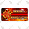 Retired Firefighter license plate featuring a Maltese Cross fire department emblem with fiery flame background and bold metallic lettering, printed on aluminum.