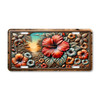 Tropical hibiscus floral license plate featuring bold red, orange, and teal flowers with a radiant sunset background in embossed-look artwork on aluminum.