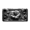 Black and silver hibiscus floral license plate featuring monochrome embossed-look artwork on aluminum.