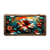 Fiery hibiscus floral license plate featuring bold red, orange, and teal petals against a tropical sunset background in embossed-look artwork on aluminum.