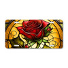 Red rose stained-glass floral license plate featuring elegant golden glass design in embossed-look artwork on aluminum.