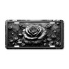 Black and silver rose floral license plate featuring monochrome embossed-look artwork with vines and buds on aluminum.