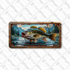 Fishing license plate featuring a largemouth bass leaping from a mountain lake with pine forest and rocky cliffs in embossed-look artwork on aluminum.