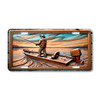 Rustic fishing license plate featuring a fisherman casting from a boat at sunset with rippling water in embossed-look artwork on aluminum.