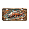 Rustic channel catfish license plate featuring bold bronze and teal tones with river branches in embossed-look artwork.