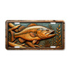 Rustic largemouth bass license plate featuring bold bronze and golden tones with underwater branches and plants in embossed-look artwork.