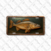 Rustic walleye license plate featuring golden bronze tones with underwater rays of light in embossed-look artwork.