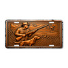 Rustic bird hunter license plate featuring embossed-look copper design with hunter, retriever dog, and ducks in flight on aluminum plate.