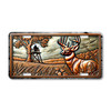 Rustic deer hunter license plate featuring embossed-look copper design of a buck in the field with hunter in tree stand under an oak tree on aluminum plate.