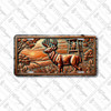 Rustic deer hunter license plate featuring embossed-look copper design with buck in foreground and hunter in tower stand against scenic outdoor backdrop.