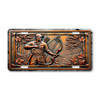 Rustic bow hunter license plate featuring embossed-look copper design of archer with compound bow in a forest scene surrounded by maple leaves on aluminum plate.