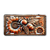 Rustic bee and sunflowers license plate featuring embossed-look copper design with honeybee surrounded by blooming sunflowers on aluminum plate.