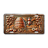 Rustic beehive and honeybee license plate featuring embossed-look copper design with hive, flowers, and fruit tree branches on aluminum plate.