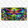 Dragonfly license plate featuring stained glass-inspired wings and vibrant floral accents in jewel-tone colors, printed on aluminum.