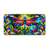 Dragonfly license plate featuring stained glass-inspired wings and vibrant floral accents in jewel-tone colors, printed on aluminum.