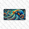 Octopus license plate featuring psychedelic-style tentacles in vibrant blue, orange, and turquoise ocean tones, printed on aluminum.