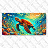 Sea turtle license plate featuring colorful coral reef, tropical fish, and swirling sunlit ocean background in rustic embossed-look style.