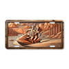 Rustic jet ski license plate featuring copper-toned embossed-look design of couple riding across a lake sunset with pine trees.