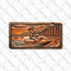 Rustic jet ski rider license plate featuring woman on jet ski against copper-toned mountain lake and pine forest background.