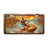 Bold jet ski rider license plate featuring man on jet ski at mountain lake with copper sunset and pine forest in embossed-look detail.