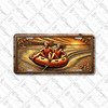 Lake tubing adventure license plate featuring rustic copper sunset scene with two riders on a tube, aluminum construction.