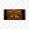 America’s Warriors 1776–2026 license plate featuring Revolutionary and modern soldier figures, fireworks, and patriotic embossed-look artwork on aluminum.