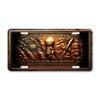 The American Spirit license plate featuring a hand holding flaming torch over flowing bronze American flag with stars, shuttle, and commemorative text “1776 to 2026 and Beyond” in rustic embossed-look artwork on aluminum.