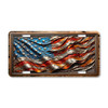 American Flag license plate featuring distressed folds of red, white, and blue flag in rustic embossed-look metallic artwork on aluminum.