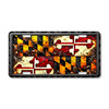 Maryland state flag license plate featuring bold red, gold, black, and white design in rustic embossed-look artwork on aluminum.