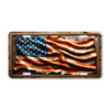 Tattered American flag license plate featuring full-color rustic red, white, and blue design with distressed torn-metal effect in embossed-look artwork on aluminum.