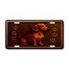 Dachshund license plate featuring embossed-look rustic artwork in copper and bronze tones with paw prints on a textured background.