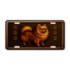 Pomeranian dog license plate featuring a fluffy copper-toned dog with embossed-look swirls and paw prints on a rustic aluminum background.