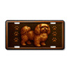 Shih Tzu dog license plate featuring a fluffy copper-toned dog with long flowing coat, ornate embossed-look swirls, and paw prints on a rustic aluminum background.