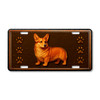 Corgi dog license plate featuring a cheerful copper-toned Corgi with short legs and fluffy coat, ornate embossed-look swirls, and paw prints on a rustic aluminum background.