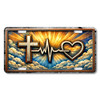 Faith Heartbeat Cross license plate featuring bronze cross, heartbeat line, and heart symbol against radiant golden clouds in rustic embossed-look artwork on aluminum