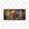 Cyborg skull license plate featuring glowing red eyes, gears, and metallic plating in rustic embossed-look artwork on aluminum.