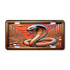 Cobra snake license plate featuring venomous coiled serpent, desert canyon backdrop, and skull accents in rustic embossed-look artwork on aluminum.