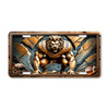 Lion football mascot license plate featuring roaring copper-toned lion in rustic embossed-look artwork with cracked stone backdrop.