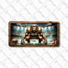 Lion football mascot license plate featuring copper-toned lion crouched in linebacker stance with glowing stadium lights in rustic embossed-look artwork
