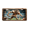 Lion football mascot license plate featuring copper-toned lion sprinting mid-charge in rustic embossed-look artwork with stadium backdrop.