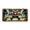 Ram football mascot license plate featuring copper-toned ram crouched in linebacker stance with horns curled in rustic embossed-look artwork and stadium backdrop.