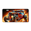 Hot rod license plate featuring a classic cruiser car with chrome detailing, surrounded by bold flames in red, orange, and yellow, rustic embossed-look artwork on aluminum.